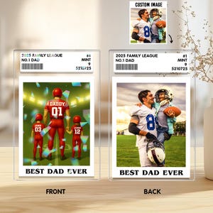 Tarjeta coleccionable de papá, hombre y niños, número 1 de fútbol, placa holográfica acrílica personalizada, tarjeta coleccionable del Día del Padre, placa "El mejor papá del mundo"