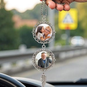 Aangepaste vader moeder foto gedenkteken hangende bedel met engelenvleugels, aangepaste foto auto gedenkteken, herdenkingscadeau, sterfgeval cadeau voor geliefde