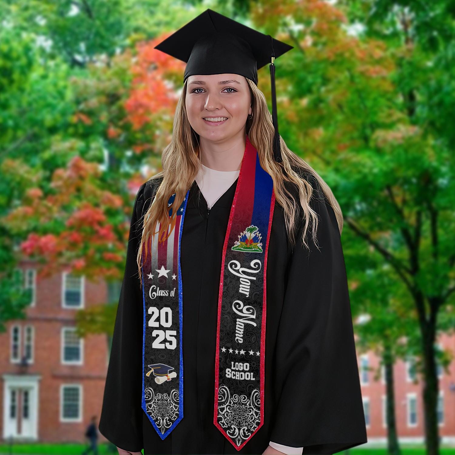 Mix Haitian / American Flag Graduation Stole/sash