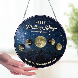 Gepersonaliseerde maanfase glas-in-lood zonnevanger, gepersonaliseerde maanfasen met kindernamen, Moederdagcadeau voor oma, cadeau voor moeder