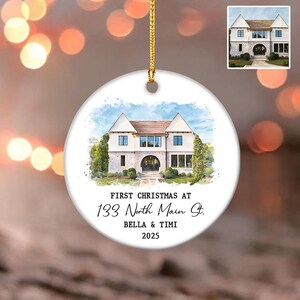 Personalized New Home Photo Christmas Ornament, Custom New House Address Ornament, Christmas Photo Gift, Couples Watercolor Ornament