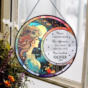 Custom retirement Stained Glass Suncatcher, Floral Retirement Window Gift for Teacher, Mentor, coworker, Custom suncatcher with Name & Year