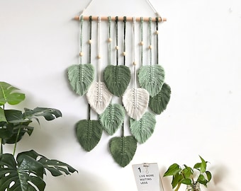 Makramee-Blatt-Wandbehang, Boho-Wanddekor, gewebter Wandbehang, Makramee-Wandbehang, Quasten-Wandbehang, baumelnde Wand-Dekor, Garnbehang