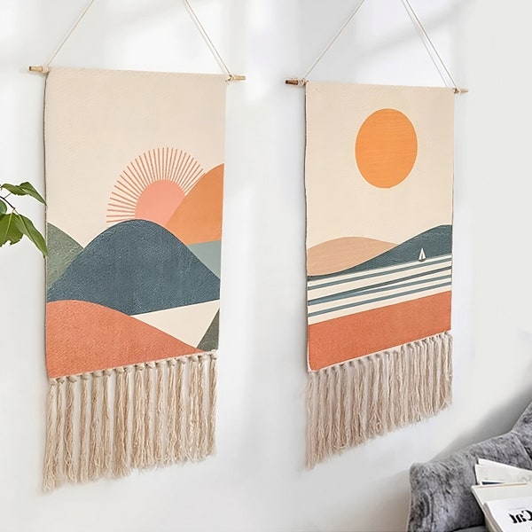 Tenture murale en macramé, tapisserie en macramé, tapisserie au coucher du soleil, tapisserie au lever du soleil, macramé au coucher du soleil, macramé au lever du soleil, tapisserie au bord de la mer, océan en macramé