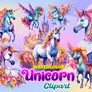 Watercolor Unicorn Clipart - 29 300dpi PNG Images - , Pegasus Clipart, Magic Fantasy, Rainbow, Unicorn Castle, Unicorn Wings