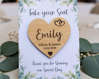 Personalised Wedding Name Place Cards with magnet favour, Rustic Wedding guest name table place settings, Eucalyptus Design