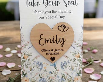 Personalised Wedding Name Place Cards with magnet favour, Rustic Wedding guest table place settings, Wildflower Design