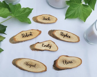 Personalised Wood Slice Wedding Name Place Cards, Rustic Wedding Place Settings, Engraved Guest Place Names,