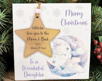 Luxury Moon & Stars Christmas Card with Engraved Tree Ornament Keepsake, Personalised for Daughter, Great, Granddaughter, Niece, Goddaughter