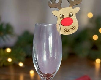 Personalised Rudolph Christmas Name Place Settings, Flute Glass Toppers, Reindeer Wooden Place Cards