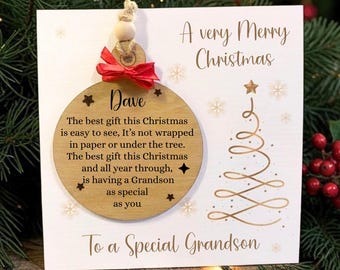 Luxury Christmas Card with Engraved Tree Ornament, Personalised for Son, Grandson, Nephew, Godson, Dad, Removeable Christmas Keepsake