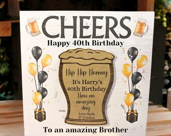 Luxury Brother Birthday Card with Engraved Magnet Keepsake, Personalised Brother Card, Handmade Greetings, Cheers & Beers Design