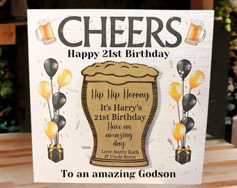 Luxury Godson Birthday Card with Engraved Magnet Keepsake, Personalised Godson Card, Handmade Greetings, Beers / Cheers Design