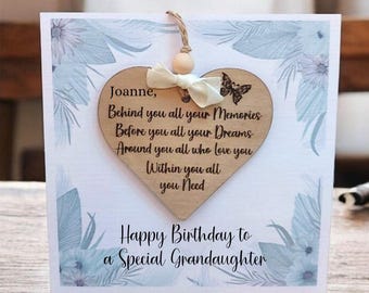 Granddaughter Birthday Card, Engraved Birch Wood Keepsake, Botanical Design, Personalised Greetings, All Ages