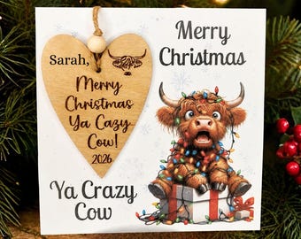 Luxury Highland Cow Christmas Card with removeable Tree Ornament, Funny, Personalised for Friend, Sister, Work Colleague etc