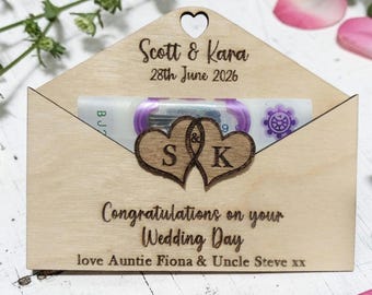 Personalised Wedding Day Cash Gift Envelope, Wooden Money Wallet, Engraved Couples Keepsake, Gift Bag & Gift Box included.