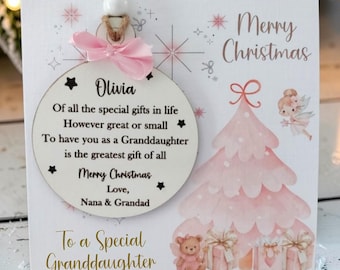 Luxury Fairy Pink Christmas Card with Engraved Tree Ornament Keepsake, Personalised for Daughter, Great, Granddaughter, Niece, Goddaughter