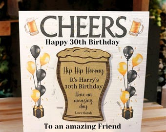 Luxury Friend Birthday Card with Engraved Magnet Keepsake, Personalised Friend Card, Handmade Greetings, Beers / Cheers Design