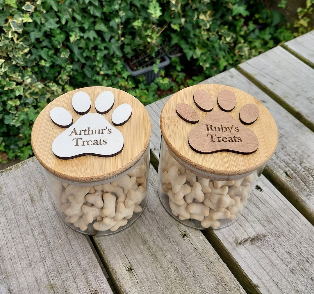 Personalised Dog Treat Glass Storage Jars, Pawprint Dog Snacks Container, Canine Biscuit Holder