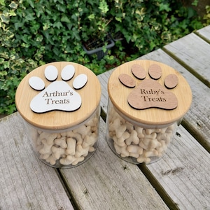 Personalised Dog Treat Glass Storage Jars, Pawprint dog snacks container, canine biscuit holder, engraved pet gifts and keepsakes