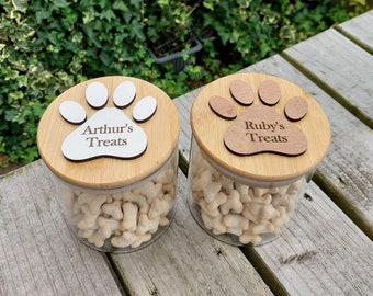 Personalised Dog Treat Glass Storage Jars, Pawprint dog snacks container, canine biscuit holder, engraved pet gifts and keepsakes
