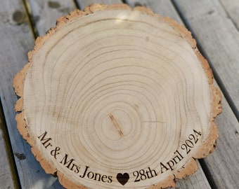 Personalised natural log slice - Large, perfect rustic wedding centrepiece, cake stand, gift and keepsake, ideal for boho, rustic and barn