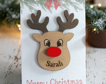 Personalised Wooden Christmas Name Place Setting, Festive Magnet Keepsake, Reindeer Place Card, Table Decor