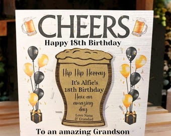 Luxury Grandson Birthday Card with Engraved Magnet Keepsake, Personalised Grandson Card, Handmade Greetings, Beers / Cheers Design