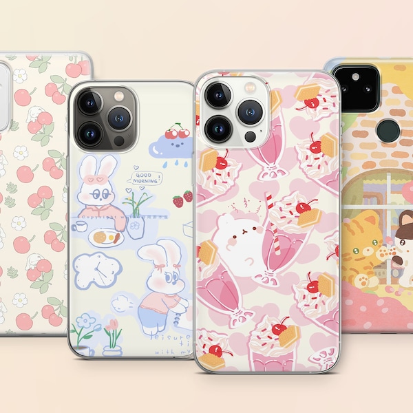 Cute Cat Rabbit Cherry Ice Cream Phone Case iPhone14 13 12 11 Samsung Galaxy S21 Note Ultra A21 Google Pixel 5/6/7