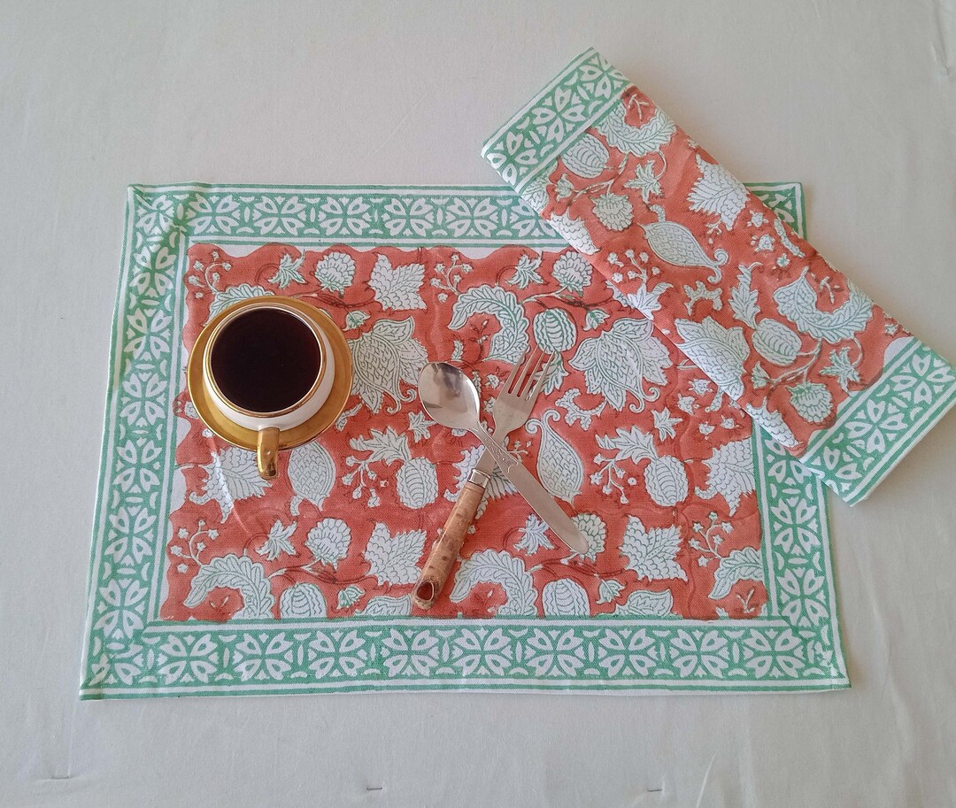 Floral Pink Block Print Pure 100 Cotton Placemats With Napkins Set
