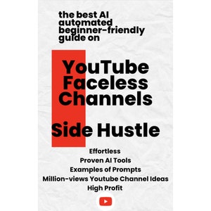 May include: A red and white graphic with the text "the best AI automated beginner-friendly guide on YouTube Faceless Channels Side Hustle" and the text "Effortless Proven AI Tools Examples of Prompts Million-views Youtube Channel Ideas High Profit". A red play button icon is at the bottom of the graphic.