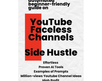 Könnte beinhalten: Eine rote und weiße Grafik mit dem Text "the best AI automated beginner-friendly guide on YouTube Faceless Channels Side Hustle" und dem Text "Effortless Proven AI Tools Examples of Prompts Million-views Youtube Channel Ideas High Profit". Ein rotes Play-Button-Symbol befindet sich am unteren Rand der Grafik.