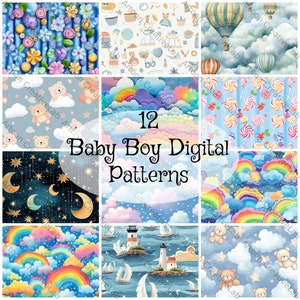 Baby Boy Birth Nursery Digital Seamless Repeating Paper Pack, Baby Shower, Rainbow, Teddy Bear - Téléchargement instantané, Utilisation commerciale