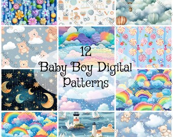 Baby Boy Birth Nursery Digital Seamless Repeating Paper Pack, Baby Shower, Rainbow, Teddy Bear - Instant Download, Commercial Use