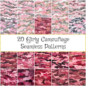 Girly Pink Camouflage Seamless Patterns Collection, Glamour Military Printable Paper, Stylish Crafting Supplies, Creative Gift for Her