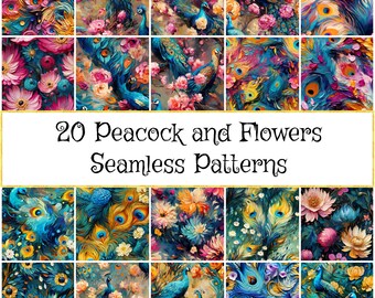 Vibrant Peacock with Flowers Seamless Patterns, Oil Painting Style Digital Papers, Craft & DIY Decor, Artistic Birthday Gift