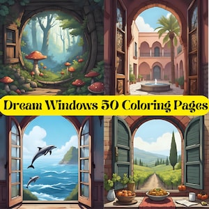 Dream Windows Malseiten Set, 50 inspirierende PDF-Downloads für Achtsamkeit und Kunsttherapie, ideales Geschenk für kreative Menschen