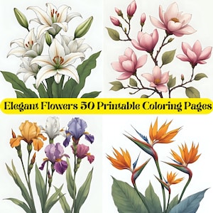 50 Floral Fantasia Coloring Pages Set, Unique Flower Printable Illustrations for Relaxation, Digital Download
