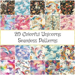 Puede incluir: Una colección de 20 patrones sin costuras de unicornios coloridos. Los patrones presentan unicornios en varios entornos, incluidos fondos florales, nubes y arcoíris. La imagen incluye el texto "20 Colorful Unicorns Seamless Patterns."