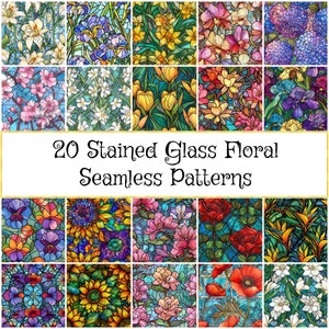 Stained Glass Seamless Digital Floral Patterns Paper Pack - Instant Download for Crafting, Scrapbooking, and Home Decor, Commercial Use