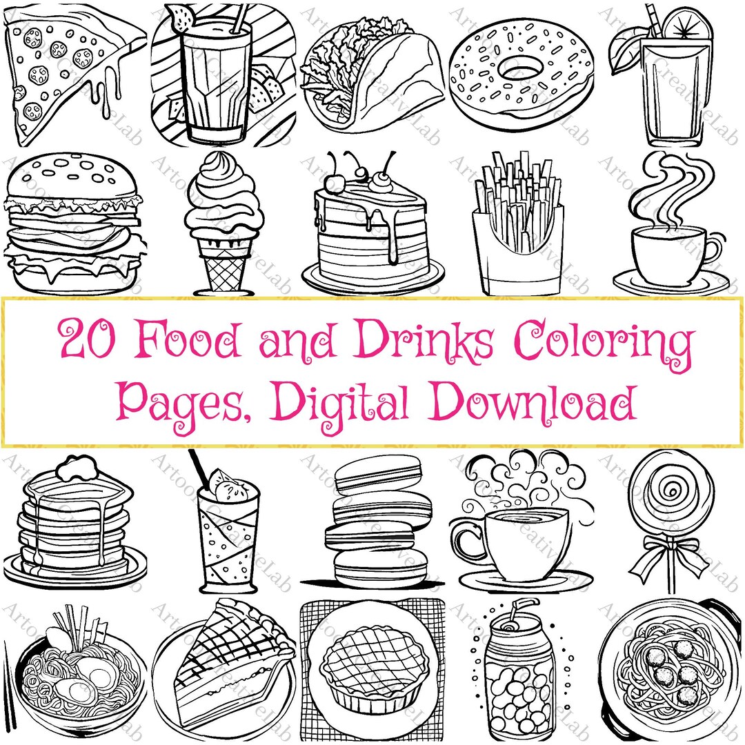 Food and Drinks Coloring Pages Set, 20 Intricate Designs for Stress Relief & Creativity, Ideal ...