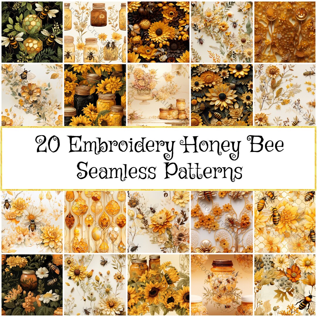 Embroidery Sunflower Honey Bees Seamless Patterns - Digital Paper Pack ...