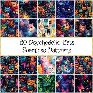 Peut inclure: Un ensemble de 20 motifs numériques sans couture représentant des chats psychédéliques dans différentes couleurs et designs. Les motifs sont parfaits pour créer des projets uniques et accrocheurs.
