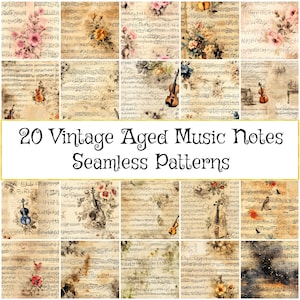 Modelli di carta per note musicali vintage - Collezione senza soluzione di continuità di oggetti effimeri invecchiati per scrapbooking, regalo unico per musicisti