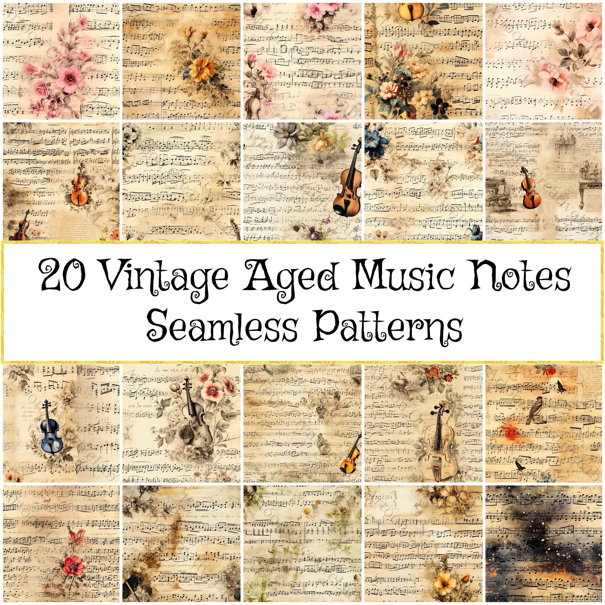 Vintage Music Notes Paper Patterns - Aged Ephemera Seamless Collection for Scrapbooking, Unique Gift for Musicians