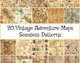 Vintage Ephemera Adventure Maps Patterns Pack, Seamless Designs for Scrapbooking, Perfect Gift for Travelers and Map Lovers