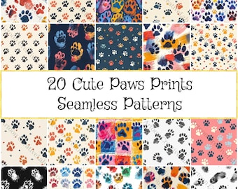 Cute Paws Prints Seamless Patterns Collection, Animal Digital Art, Scrapbooking Supplies for Animal Lovers