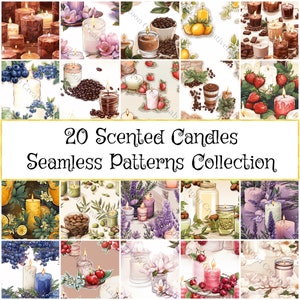 May include: A collection of 20 seamless patterns featuring various scented candles with different scents and designs. The patterns include candles with coffee beans, berries, lemons, lavender, and more.