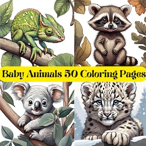50 Cute Baby Animals Coloring Pages, PDF Digital Download for Relaxation & Stress Relief, Perfect Gift for Kids or Animal Lovers