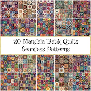 May include: A collection of 20 colourful mandala batik quilt seamless patterns. The patterns are made up of repeating geometric shapes and designs in a variety of colours, including red, blue, green, yellow, and purple.